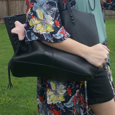 floral duster, Rebecca Minkoff medium unlined tote in black with shellac studded dome hardware | awayfromtheblue