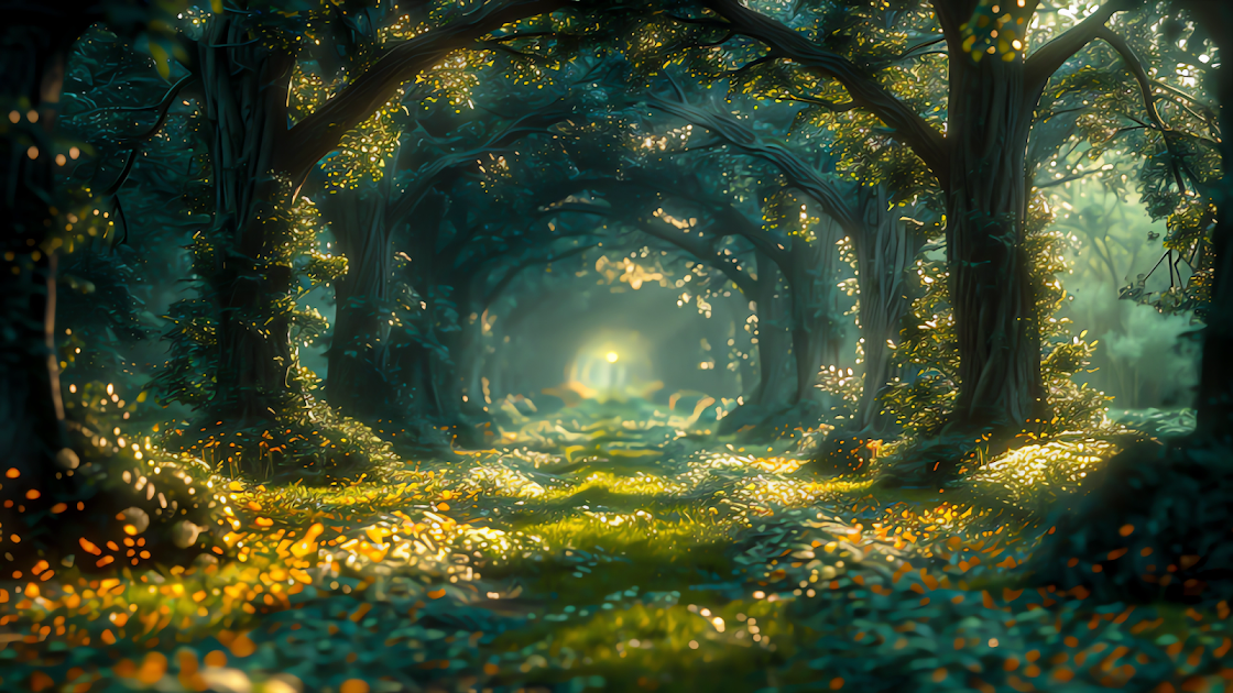 A captivating 4K wallpaper featuring a sunlit forest pathway flanked by ancient trees, their leaves creating a natural archway, with golden light spilling onto the forest floor.

