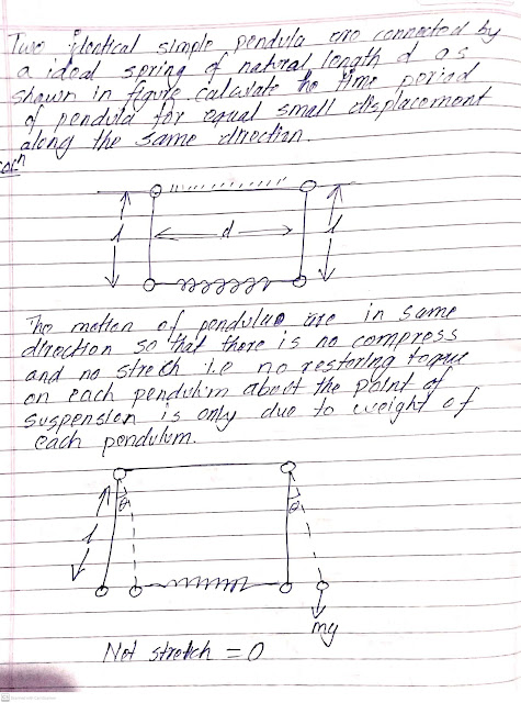 Two identical simple pendula are connected by a idea spring of natural length d as shown in figure. Calculate the time period of pendula for equal small displacement along the same direction.Two identical simple pendula are connected by a idea spring of natural length d as shown in figure. Calculate the time period of pendula for equal small displacement along the same direction.