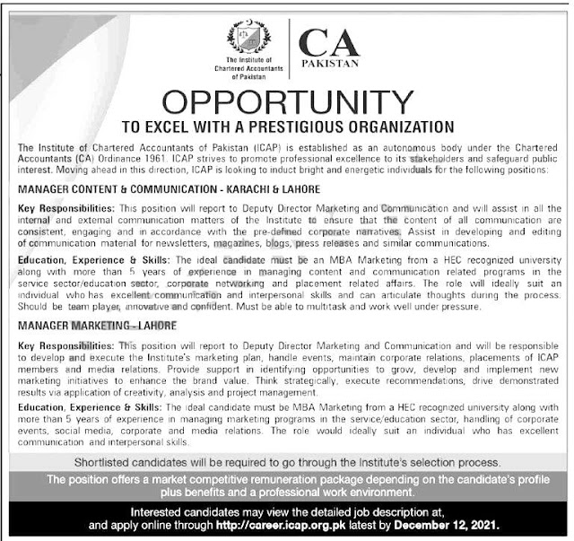 Chartered Accountants ICAP Jobs 2021