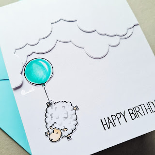 MFT Birthday buds, Sheep with balloon, balloon card MFT stamps, Quillish fluffy GD casology, CAS card, Hero arts clouds, clean and simple cards