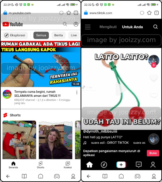 Tampilan Youtube dan TikTok di browser hp Xiaomi
