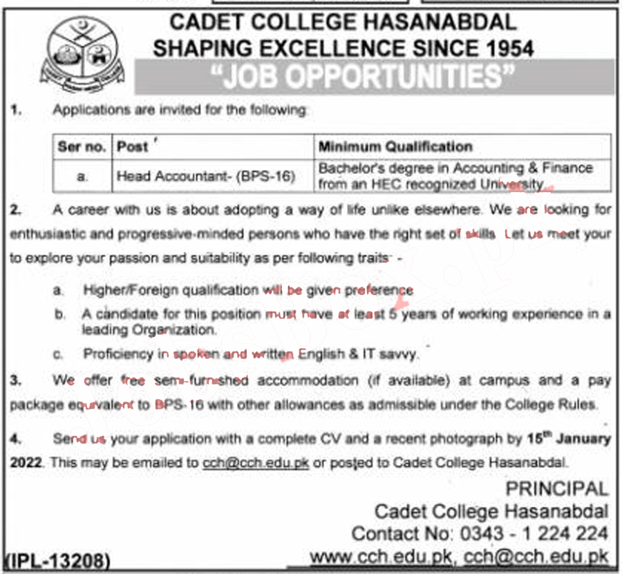 Cadet College Hasan Abadal Jobs 2022