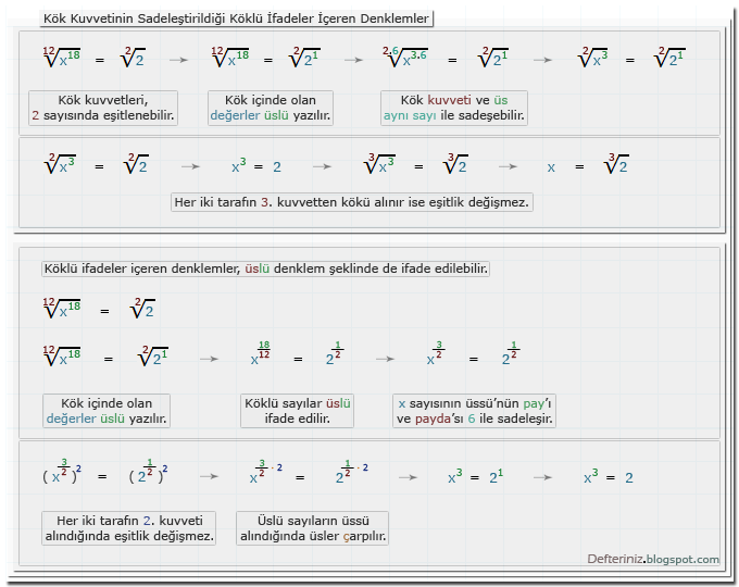 Örnek-6 » Kök kuvvetini sadeleştirmek » 12 ve 2 kök kuvvetlerini eşitlemek » Köklü ifadeler içeren denklemler » Denklemleri üslü ifade etmek.