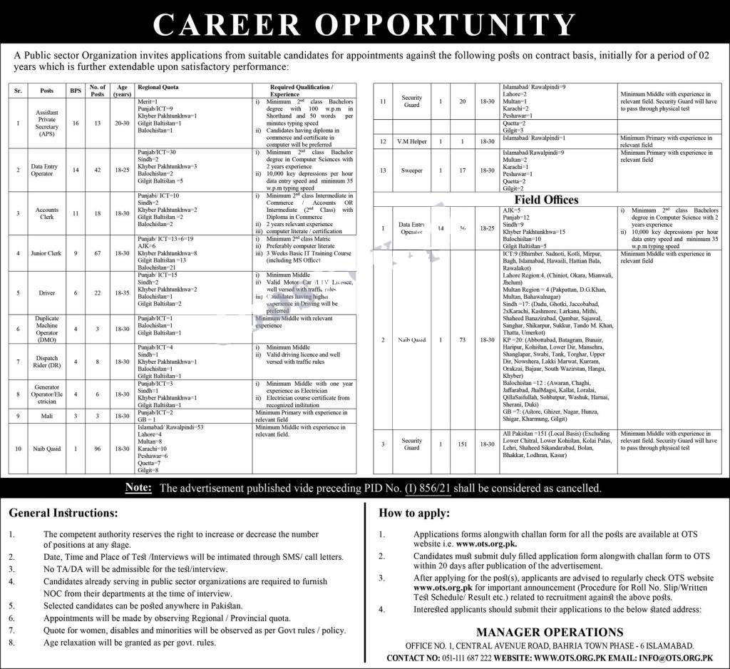 Public Sector Organization OTS Jobs 2022 for Pakistanis  - Online Apply