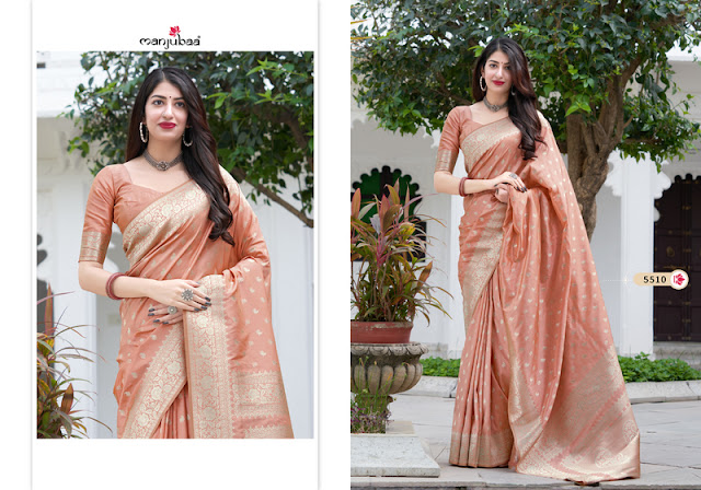 Light peach color malashree silk woven zari work saree