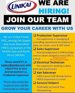 UNIKAI FOODS Multiple Staff Jobs Recruitment For Dubai Location