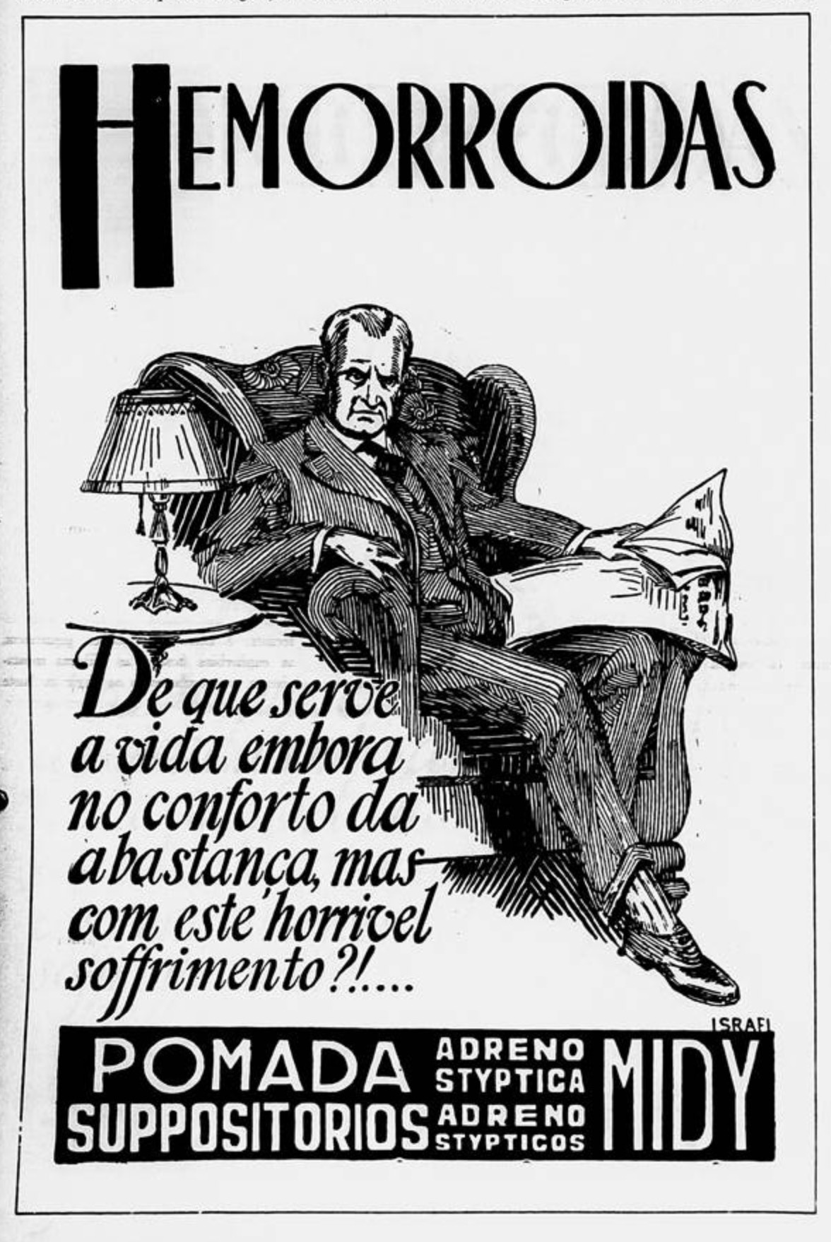 Propaganda antiga veiculada em 1934 promovendo a Pomada Midy para acabar com hemorroida