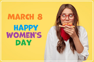 Happy  women's day greeting card- Woman eats pizza