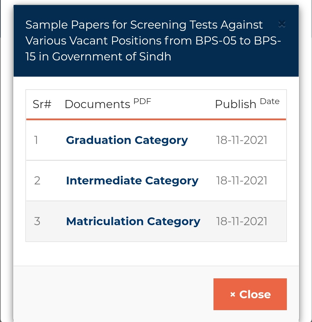 Sample Papers for Screening Tests Against Various Vacant Positions from BPS-05 to BPS-15 in Government of Sindh