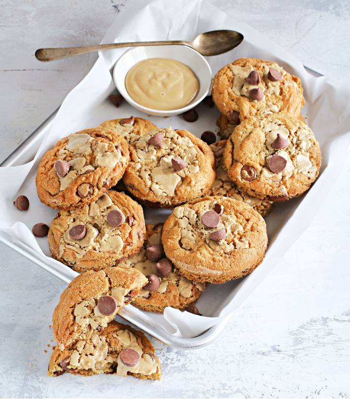 Recipe for thick, chocolate chip cookies with a sweet tahini swirl.