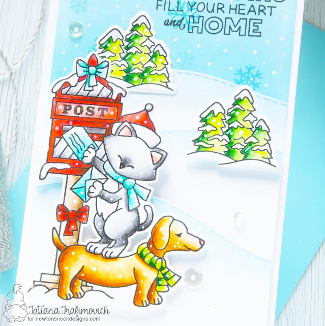 Holiday Mailbox Card with cat and dog by Tatiana Trafimovich | Holidiay Post Stamp Set, Holiday Home Stamp Set, and Land Borders Die Set by Newton's Nook Designs #newtonsnook #handmade