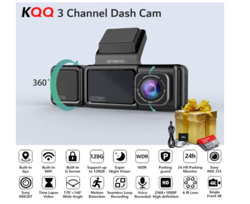 KQQ Front Inside and Rear 1440P+1080P+1080P Car Camera