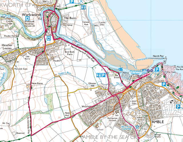 Amble Warkworth Castle weak Northumberland best walks map route history