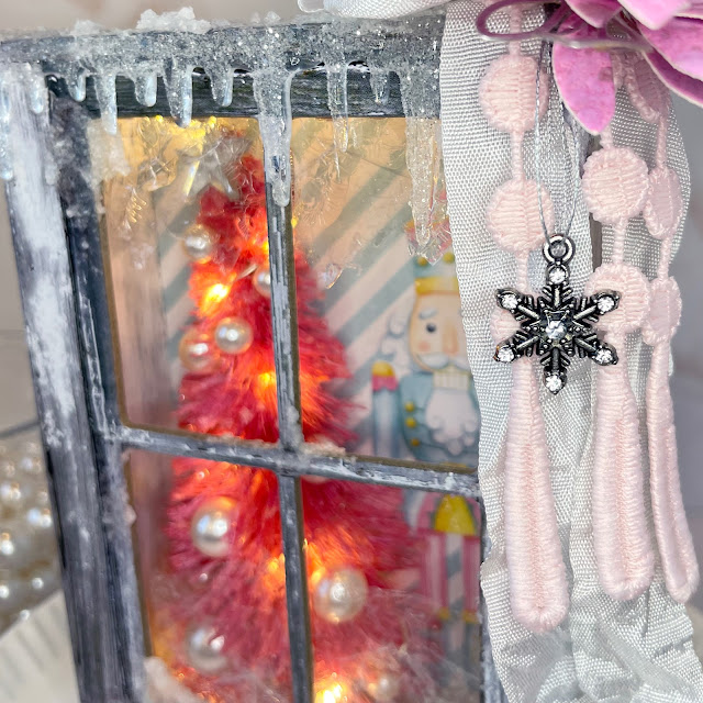 Mixed Media Holiday Vignette created with: Tim Holtz window frames, vignette box, tree lot, kitsch flamingo, seasonal sketch, baubles, icicles, tiny lights; P13 cosy winter sugar and spice