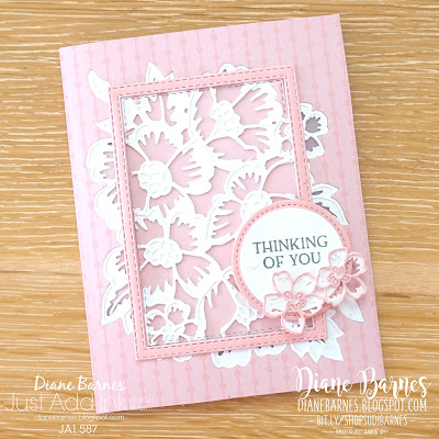 Handmade thinking of you pop up window card featuring Stampin Up Blossoms in Bloom stamp set and die bundle, rectangle stitched dies, layering circles dies and Subtles patterned paper. Card by Di Barnes - colourmehappydi - Independent Demonstrator in Sydney Australia