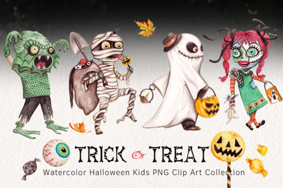 Watercolor Trick & Treating Kids Clipart