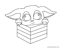 Cute Baby Yoda in a gift box coloring page