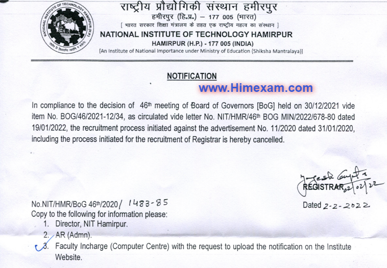 Important Notice For The Post  Of Registrar-NIT Hamirpur