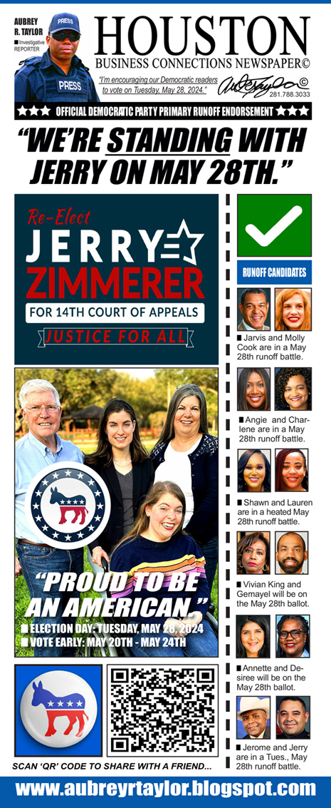 Justice Jerry Zimmerer is endorsed by Houston Business Connections Newspaper on Tuesday, May 28th