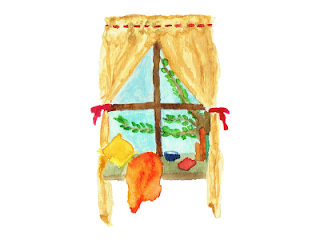 okno z firankami, na parapecie kubek, książki, kocyk i poduszka; akwarela
