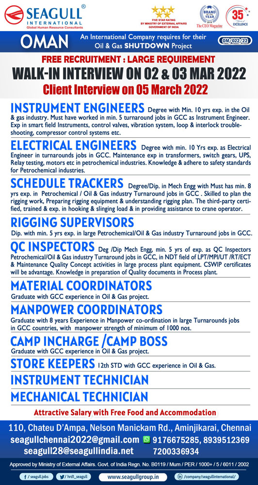 Shutdown Jobs in Oman : Walk-In Interview