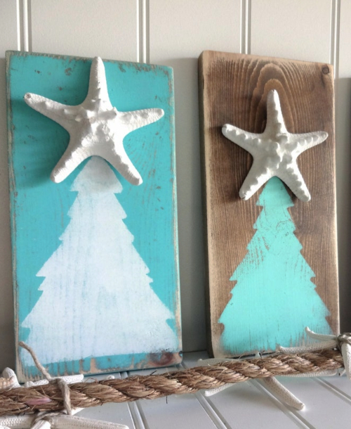 Christmas Tree Painted on Wood Plank with Starfish Topper