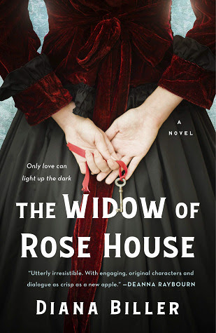 The Widow of Rose House by Diana Biller. Image is close up of a woman in historical dress with her hands clasped on a key