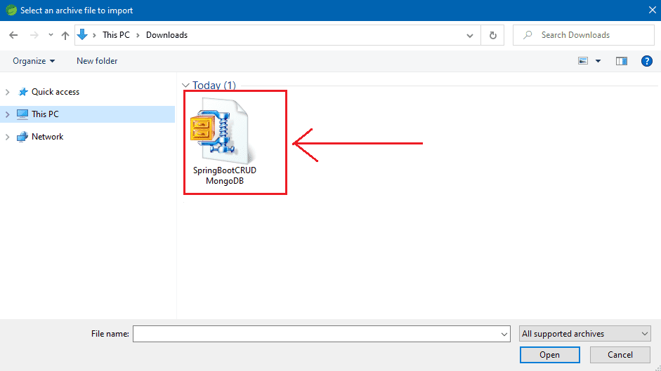 select project zip file from download folder - mongodb crud operations spring boot