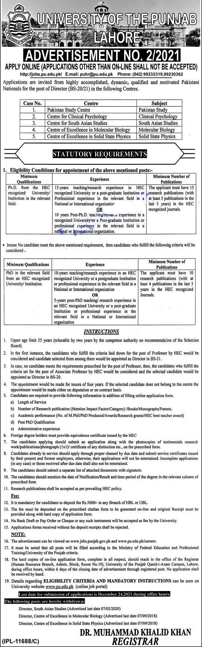 University of Punjab PU Lahore Jobs 2021