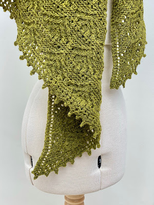 Beachcomber shawl draped on dress form showing picot edge pattern