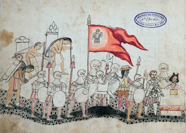 Imagem 626A | Conquistadores espanhóis no México liderados por Hernán Cortés. Os espanhóis são acompanhados por carregadores nativos, Malinche, e um homem negro (segurando o cavalo). Codex Azcatitlan. | Lencer / Attribution-Share Alike 3.0 Unported