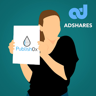 Woman Showing Publish0x Logo on Paper with AdShares Logo in Background
