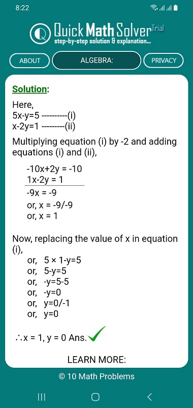 Quick Math Solver - Solving Simultaneous Equation by Elimination Method