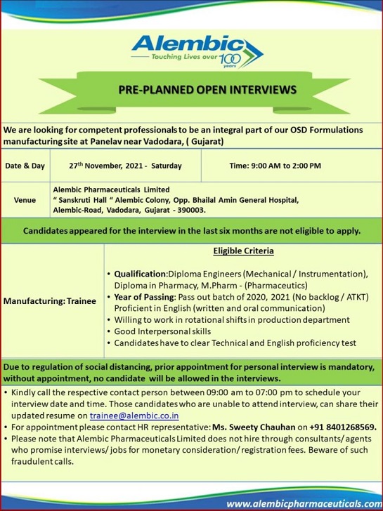 Alembic Pharma | Walk-in interview for Freshers at Vadodara on 27th Nov 2021