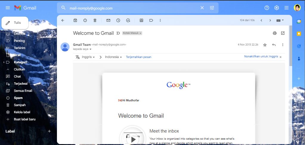 Welcome email atau email sambutan dari Google