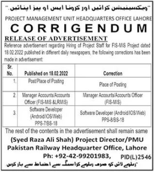Pakistan Railways Jobs 2022 Corrigendum Lahore