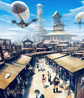 A steampunk village with dirgibles in the air and a market underneath
