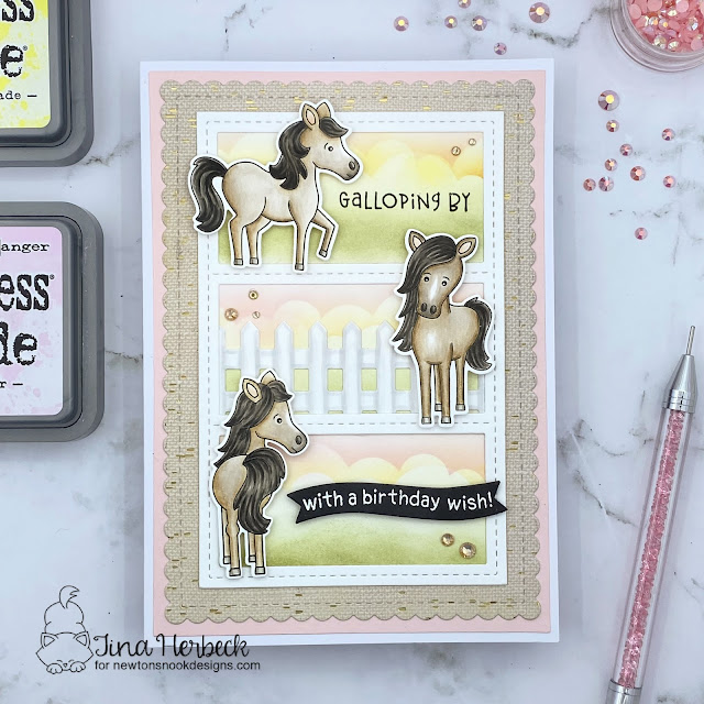 Horse Birthday Card by Tina Herbeck | Neigh Stamp Set, Clouds Stencil and A7 Frames & Banners Die Set by Newton's Nook Designs #newtonsnook