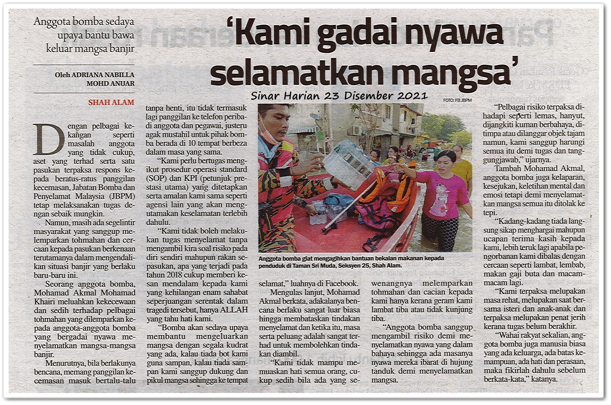 'Kami gadai nyawa selamatkan mangsa' - Keratan akhbar Sinar Harian 23 Disember 2021