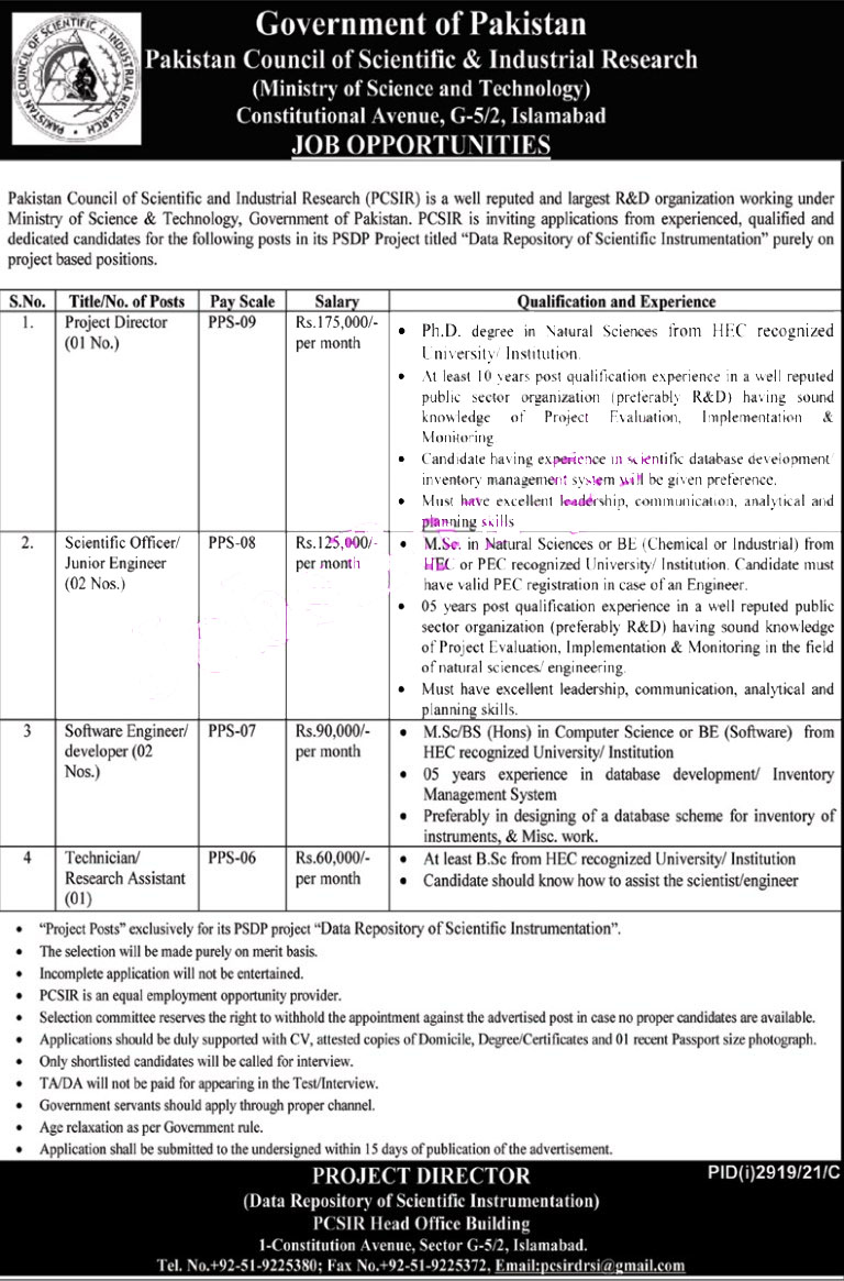 Ministry of Science & Technology Jobs 2021 – PCSIR jobs 2021
