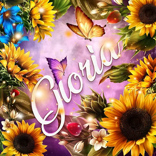 imágen con el nombre gloria con fondo de girasoles y mariposas para descargar gratis