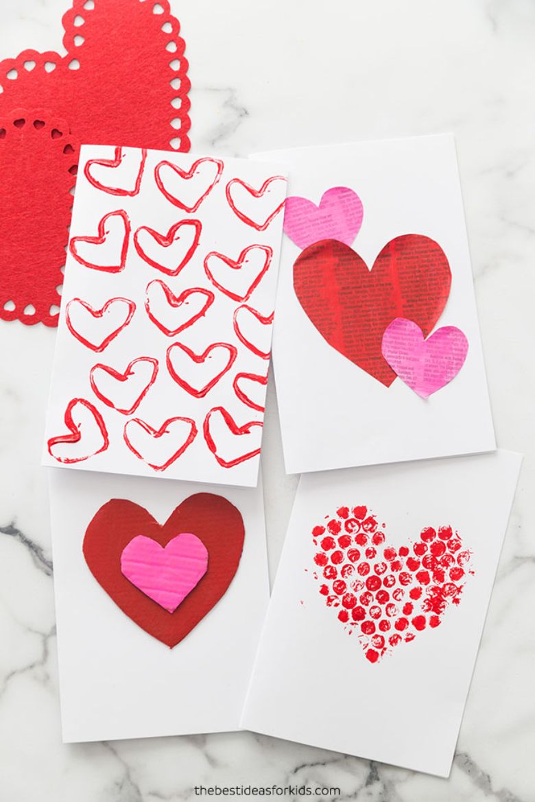 Handmade valentine cards for kids to make from recycled material.