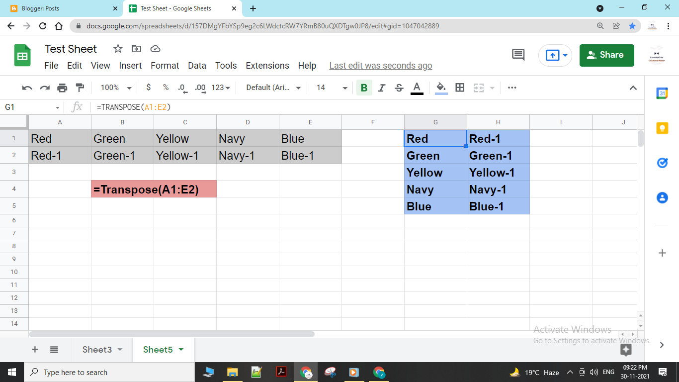 google sheets Transpose Column to Row - 2