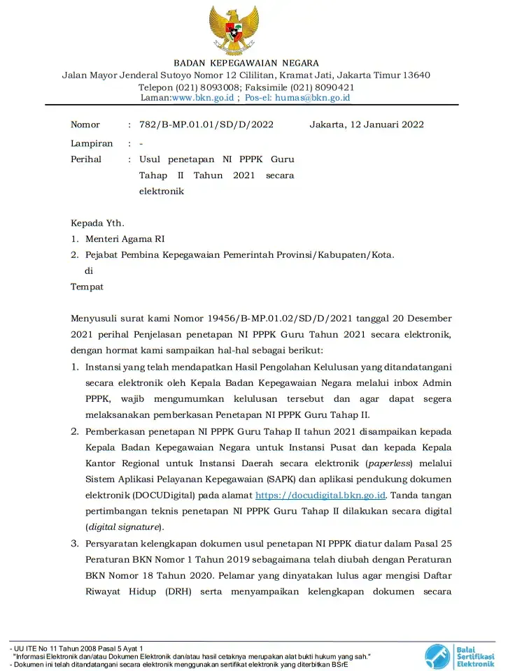 Surat Edaran SE BKN Nomor : 782/B-MP.01.01/SD/D/2022 tentang Usul penetapan NIP PPPK Guru Tahap II Tahun 2021 secara elektronik