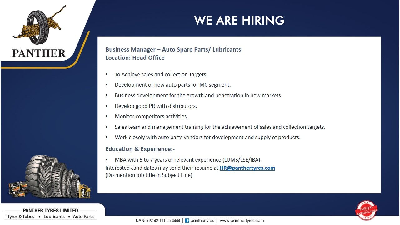 Panther Tyres Limited Jobs Business Manager