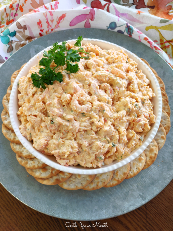 Southern Shrimp Dip! A party pleasing appetizer recipe with shrimp, cream cheese, Cajun seasoning and tons of flavor perfect on crackers.