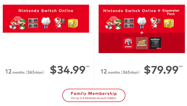 Nintendo Switch Online + Expansion Pack Family Membership one year twelve months price