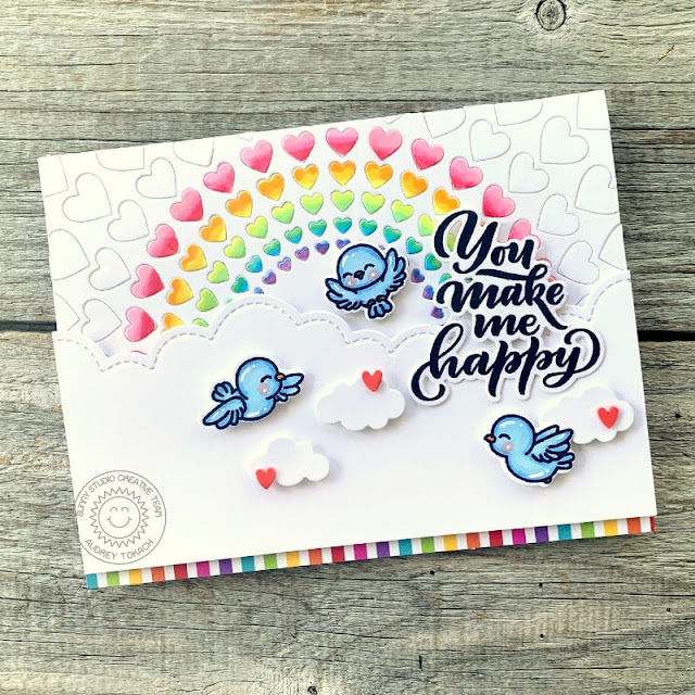 Sunny Studio Stamps: Bursting Hearts Die Card by Audrey Tokach (featuring Little Birdie, Lovey Dovey, Slimline Dies)