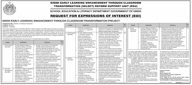 SELD Sindh Education and Literacy Department Jobs 2022 pdf Advertisement